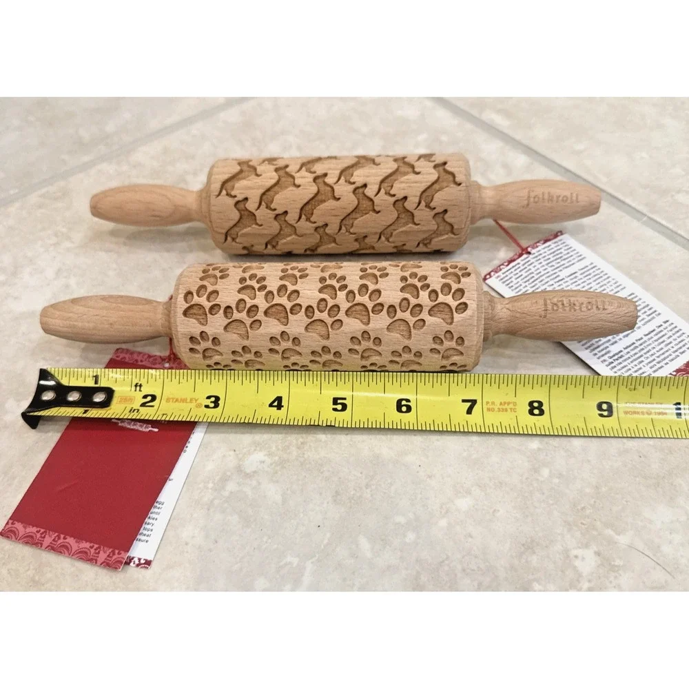 NWT 2 Folk Roll Beech Engraved Rolling Pins Dachshund Paw Prints Cookie Dough 9